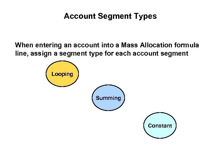 Account Segment Types When entering an account into a Mass Allocation formula line, assign