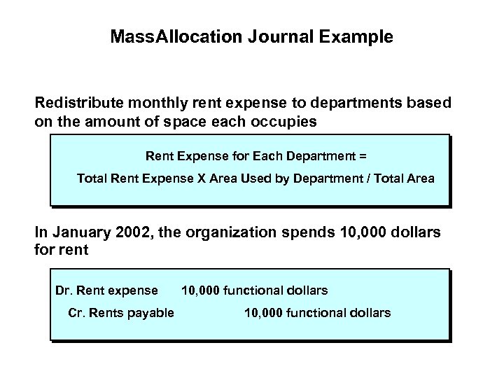 Mass. Allocation Journal Example Redistribute monthly rent expense to departments based on the amount