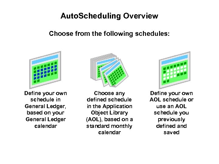 Auto. Scheduling Overview Choose from the following schedules: Define your own schedule in General