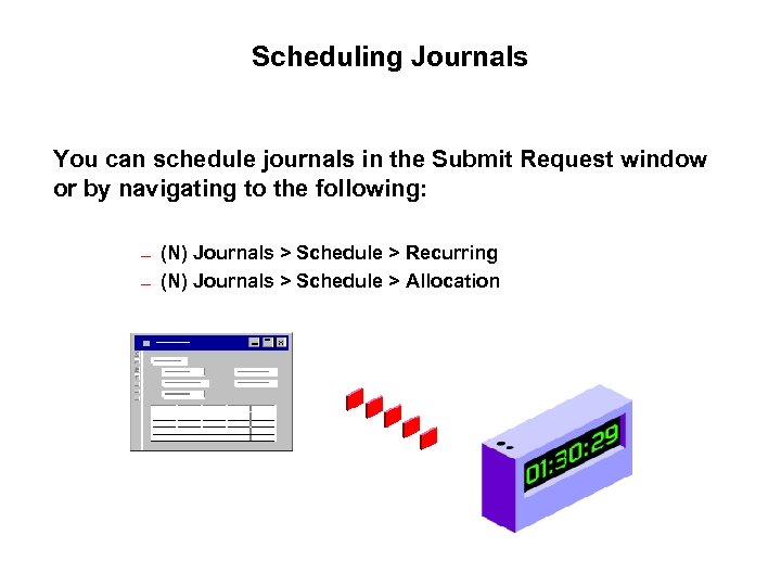 Scheduling Journals You can schedule journals in the Submit Request window or by navigating