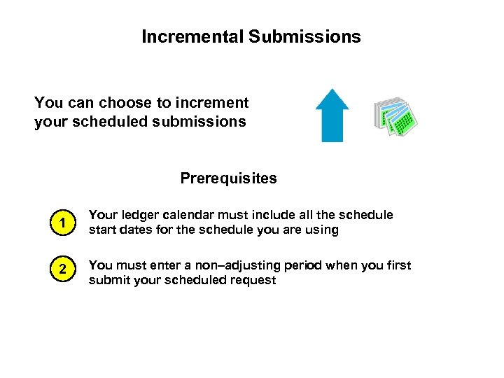 Incremental Submissions You can choose to increment your scheduled submissions Prerequisites 1 Your ledger