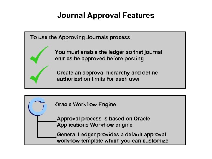 Journal Approval Features To use the Approving Journals process: You must enable the ledger