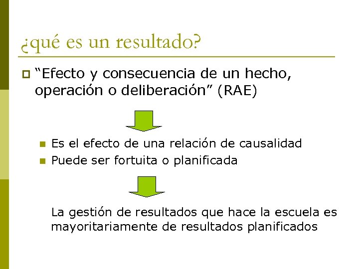 ¿qué es un resultado? p “Efecto y consecuencia de un hecho, operación o deliberación”