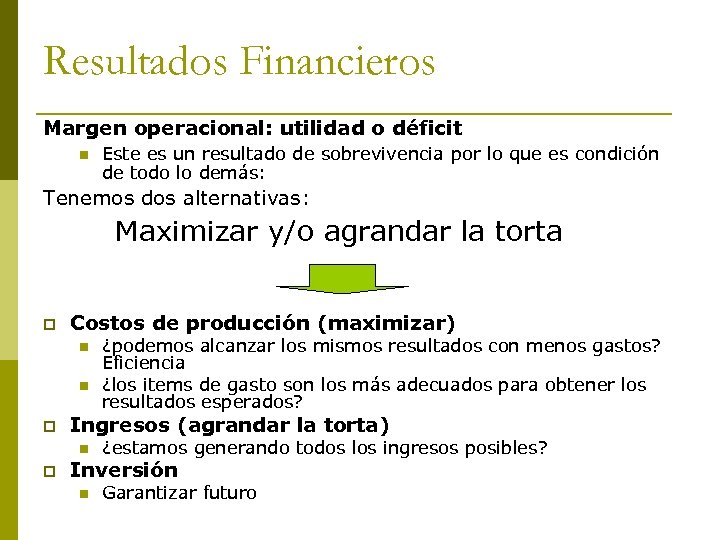 Resultados Financieros Margen operacional: utilidad o déficit n Este es un resultado de sobrevivencia