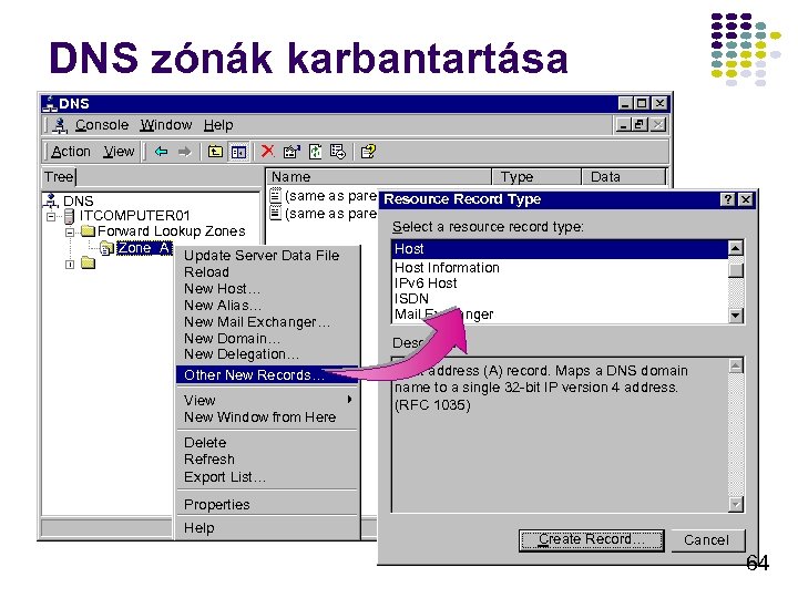 DNS zónák karbantartása DNS Console Window Help Action View Name Type Data (same as