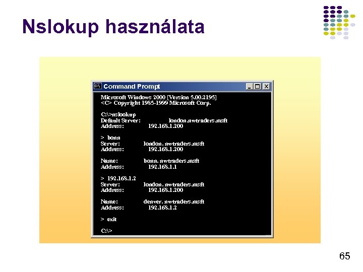 Nslokup használata Command Prompt Microsoft Windows 2000 [Version 5. 00. 2195] <C> Copyright 1985