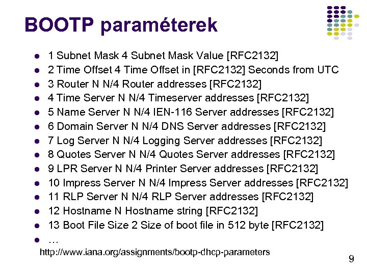 BOOTP paraméterek l l l l 1 Subnet Mask 4 Subnet Mask Value [RFC