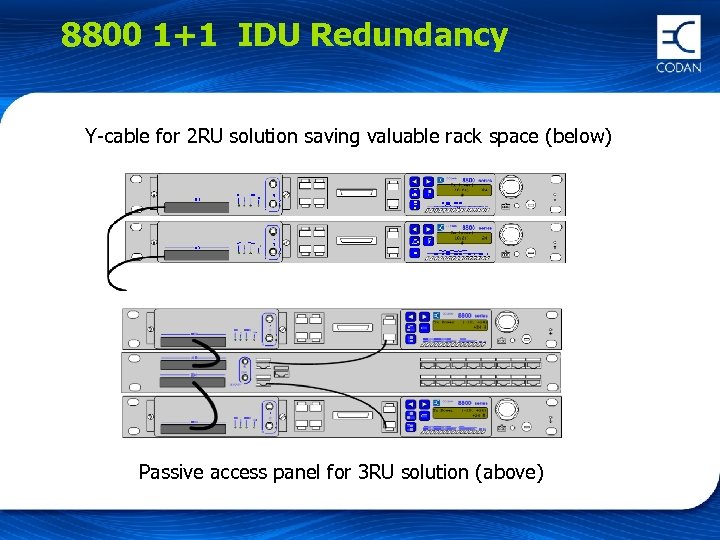 8800 1+1 IDU Redundancy Y-cable for 2 RU solution saving valuable rack space (below)