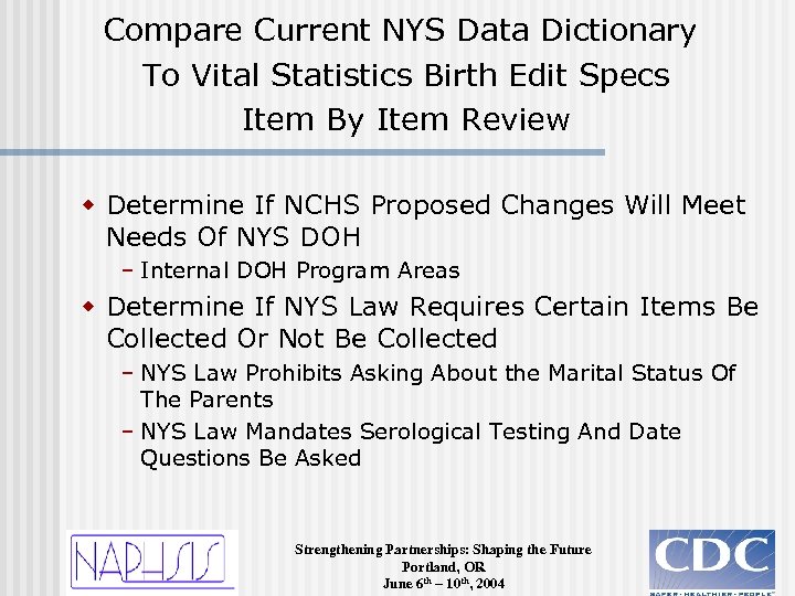 Compare Current NYS Data Dictionary To Vital Statistics Birth Edit Specs Item By Item