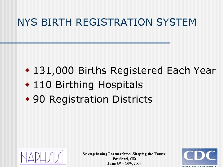 NYS BIRTH REGISTRATION SYSTEM w 131, 000 Births Registered Each Year w 110 Birthing