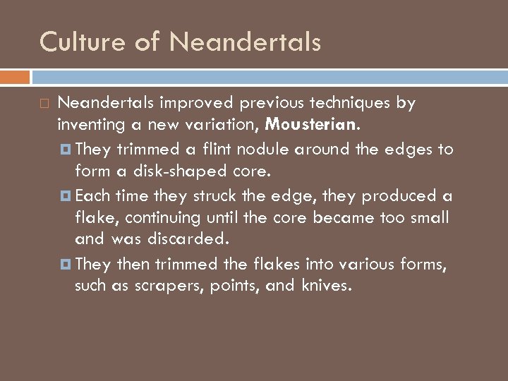 Culture of Neandertals improved previous techniques by inventing a new variation, Mousterian. They trimmed