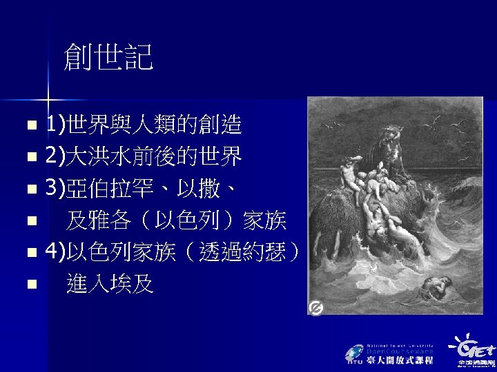 創世記 1)世界與人類的創造 n 2)大洪水前後的世界 n 3)亞伯拉罕、以撒、 n 及雅各（以色列）家族 n 4)以色列家族（透過約瑟） n 進入埃及 n 