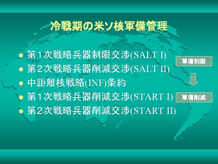 冷戦期の米ソ核軍備管理 l l l 第１次戦略兵器制限交渉(SALT I) 第２次戦略兵器削減交渉(SALT II) 中距離核戦略(INF)条約 第１次戦略兵器削減交渉(START I) 第２次戦略兵器削減交渉(START II) 軍備制限