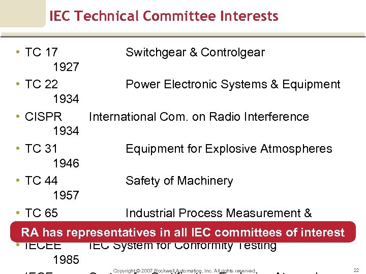 IEC Technical Committee Interests • TC 17 Switchgear & Controlgear 1927 • TC 22