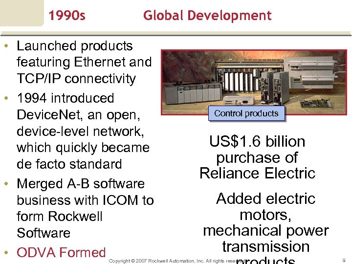 1990 s Global Development • Launched products featuring Ethernet and TCP/IP connectivity • 1994