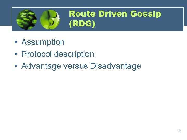 Route Driven Gossip (RDG) • Assumption • Protocol description • Advantage versus Disadvantage 55