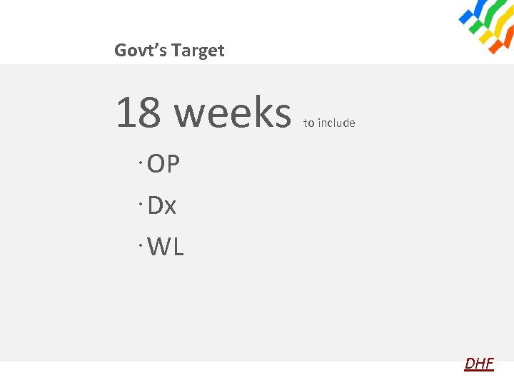 Govt’s Target 18 weeks to include ·OP ·Dx ·WL DHF 