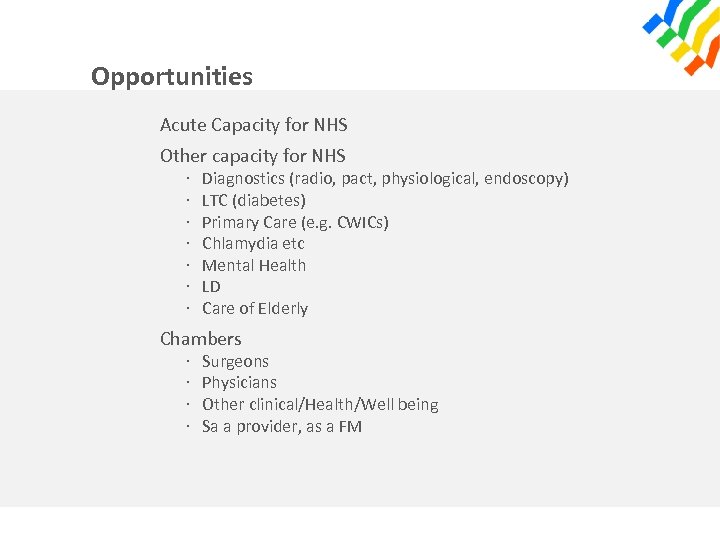 Opportunities Acute Capacity for NHS Other capacity for NHS · · · · Diagnostics