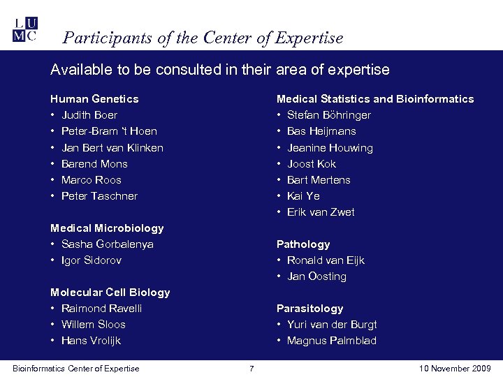 Participants of the Center of Expertise Available to be consulted in their area of