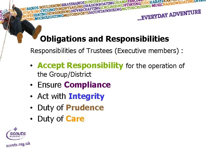 Obligations and Responsibilities of Trustees (Executive members) : • Accept Responsibility for the operation