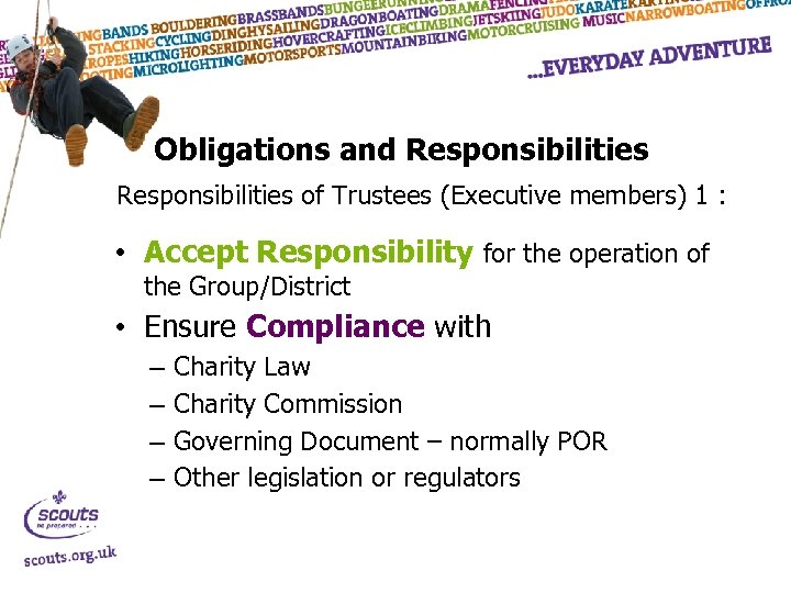 Obligations and Responsibilities of Trustees (Executive members) 1 : • Accept Responsibility for the