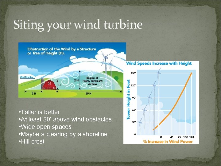 Siting your wind turbine • Taller is better • At least 30’ above wind