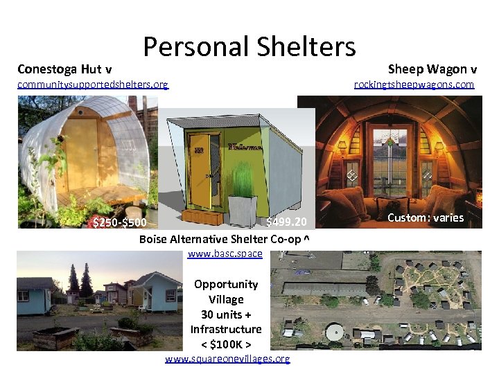 Conestoga Hut v Personal Shelters communitysupportedshelters. org Sheep Wagon v rockingtsheepwagons. com $499. 20