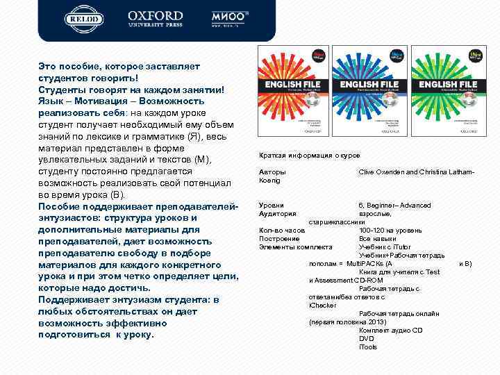 Это пособие, которое заставляет студентов говорить! Студенты говорят на каждом занятии! Язык – Мотивация