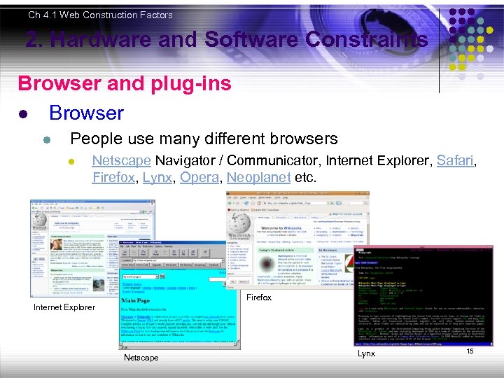 Ch 4. 1 Web Construction Factors 2. Hardware and Software Constraints Browser and plug-ins