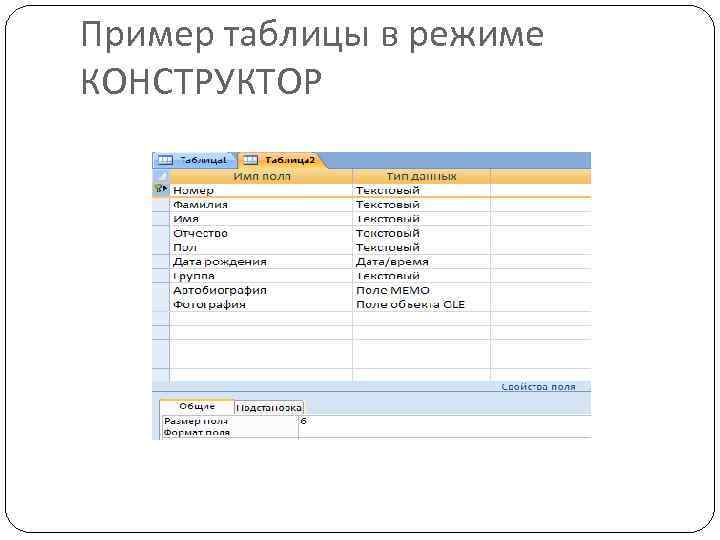 Пример таблицы в режиме КОНСТРУКТОР 