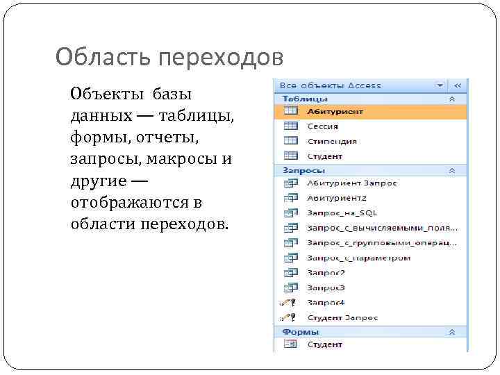 Объекты базы данных таблицы. Область переходов в access. Базы данных. Таблицы, формы, отчеты, запросы. Объекты базы данных таблицы формы запросы отчеты. Область переходов базы данных.