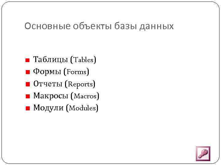Основные объекты базы данных Таблицы (Tables) Формы (Forms) Отчеты (Reports) Макросы (Macros) Модули (Modules)