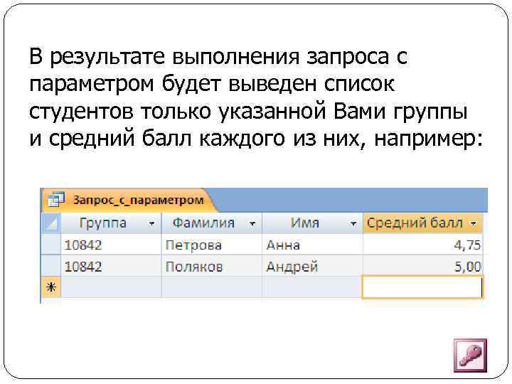 В результате выполнения запроса с параметром будет выведен список студентов только указанной Вами группы