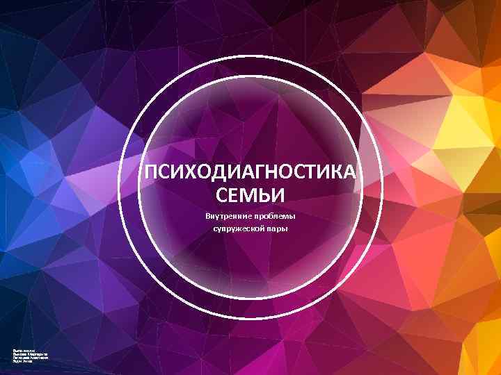 ПСИХОДИАГНОСТИКА СЕМЬИ Внутренние проблемы супружеской пары Выполнили: Быкова Маргарита Гаглоева Анастасия Яцун Анна 