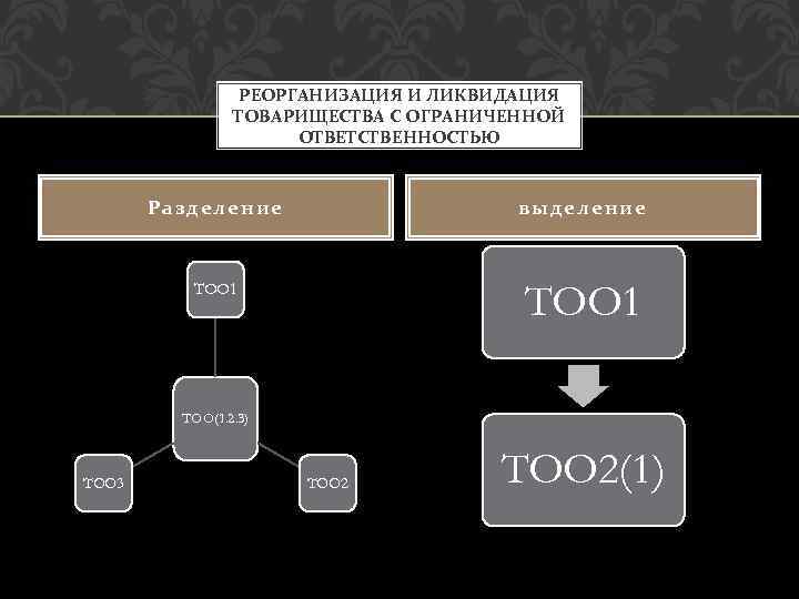 РЕОРГАНИЗАЦИЯ И ЛИКВИДАЦИЯ ТОВАРИЩЕСТВА С ОГРАНИЧЕННОЙ ОТВЕТСТВЕННОСТЬЮ Разделение выделение ТОО 1 ТОО(1. 2. 3)