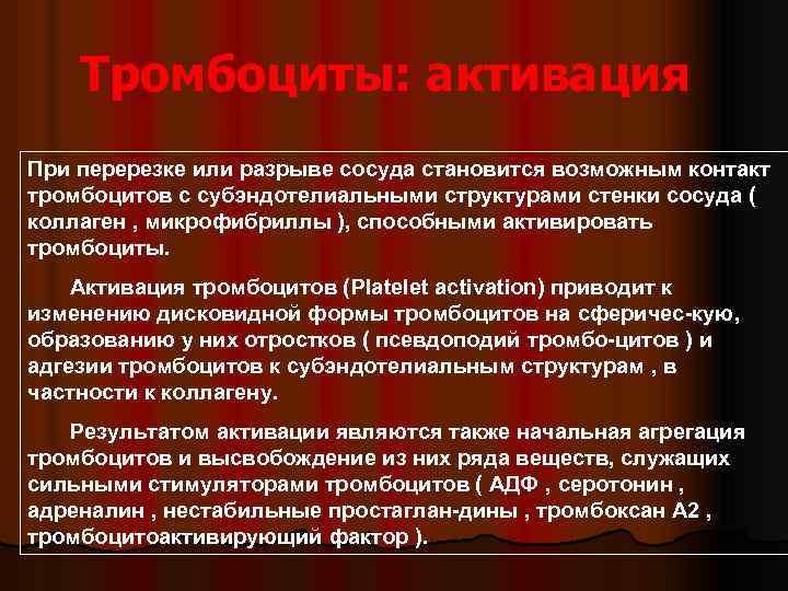 Тромбоциты: активация При перерезке или разрыве сосуда становится возможным контакт тромбоцитов с субэндотелиальными структурами