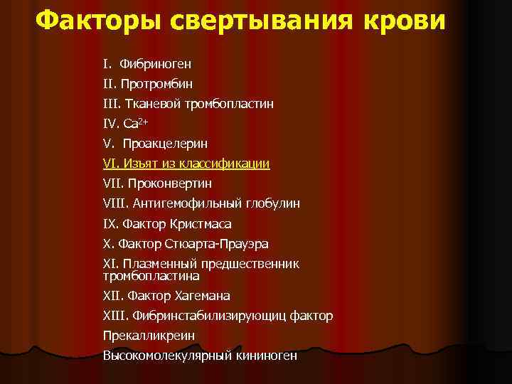 Факторы свертывания крови I. Фибриноген II. Протромбин III. Тканевой тромбопластин IV. Са 2+ V.