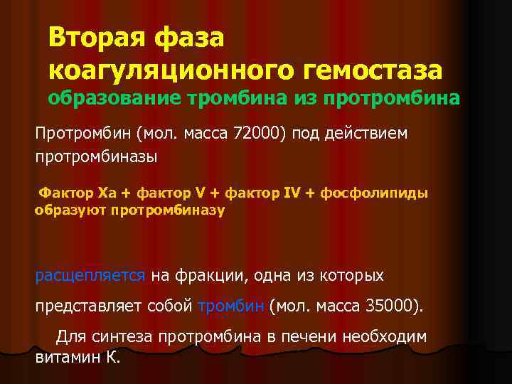 Вторая фаза коагуляционного гемостаза образование тромбина из протромбина Протромбин (мол. масса 72000) под действием