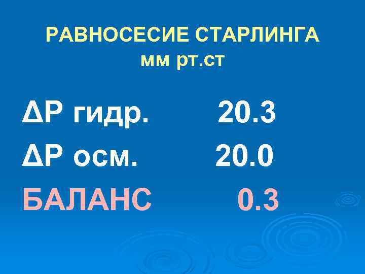 РАВНОСЕСИЕ СТАРЛИНГА мм рт. ст ΔР гидр. ΔР осм. БАЛАНС 20. 3 20. 0