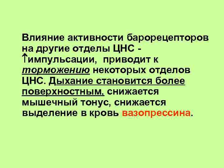 Влияние активности барорецепторов на другие отделы ЦНС импульсации, приводит к торможению некоторых отделов ЦНС.