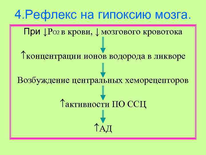 4. Рефлекс на гипоксию мозга. При ↓РО 2 в крови, ↓ мозгового кровотока концентрации