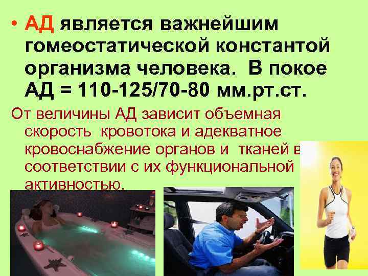  • АД является важнейшим гомеостатической константой организма человека. В покое АД = 110