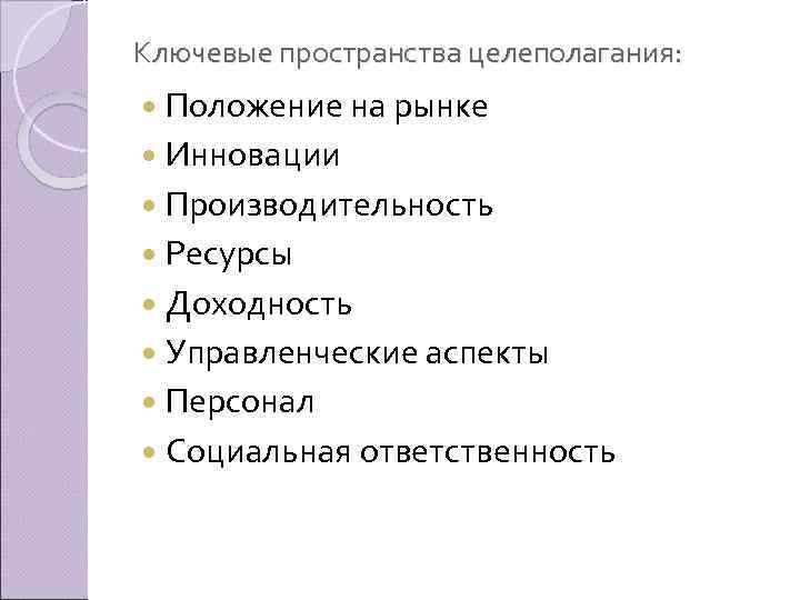 Ключевые пространства целеполагания: Положение на рынке Инновации Производительность Ресурсы Доходность Управленческие аспекты Персонал Социальная