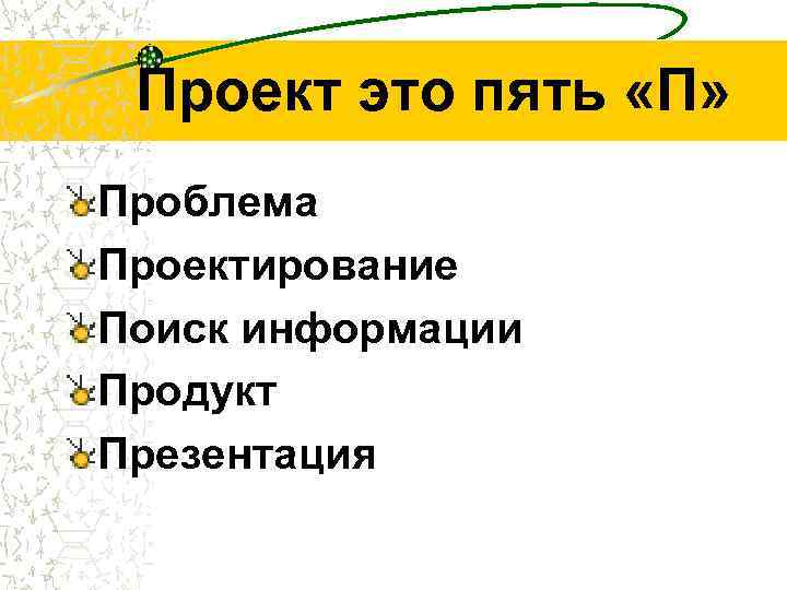 Проект это пять «П» Проблема Проектирование Поиск информации Продукт Презентация 