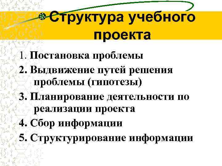 Структура учебного проекта 1. Постановка проблемы 2. Выдвижение путей решения проблемы (гипотезы) 3. Планирование