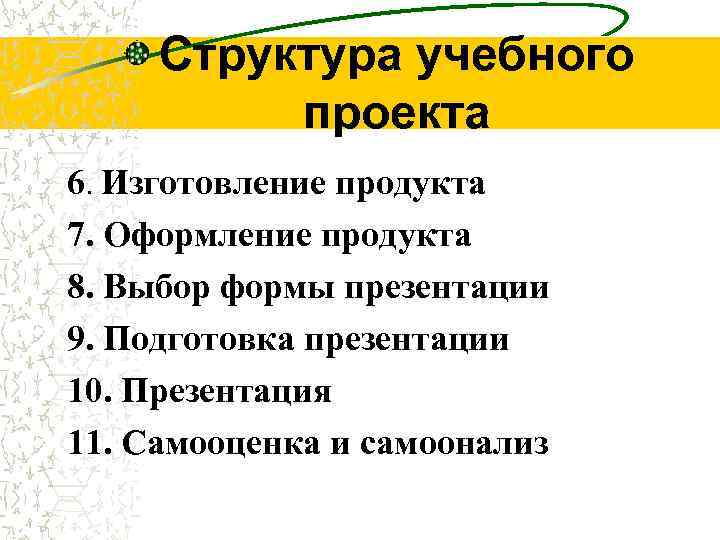 Структура учебного проекта 6. Изготовление продукта 7. Оформление продукта 8. Выбор формы презентации 9.