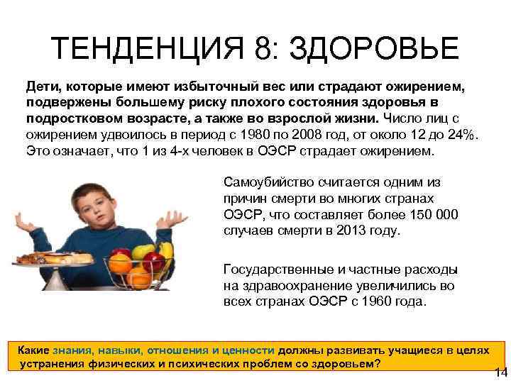 ТЕНДЕНЦИЯ 8: ЗДОРОВЬЕ Дети, которые имеют избыточный вес или страдают ожирением, подвержены большему риску