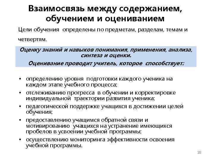Взаимосвязь между содержанием, обучением и оцениванием Цели обучения определены по предметам, разделам, темам и