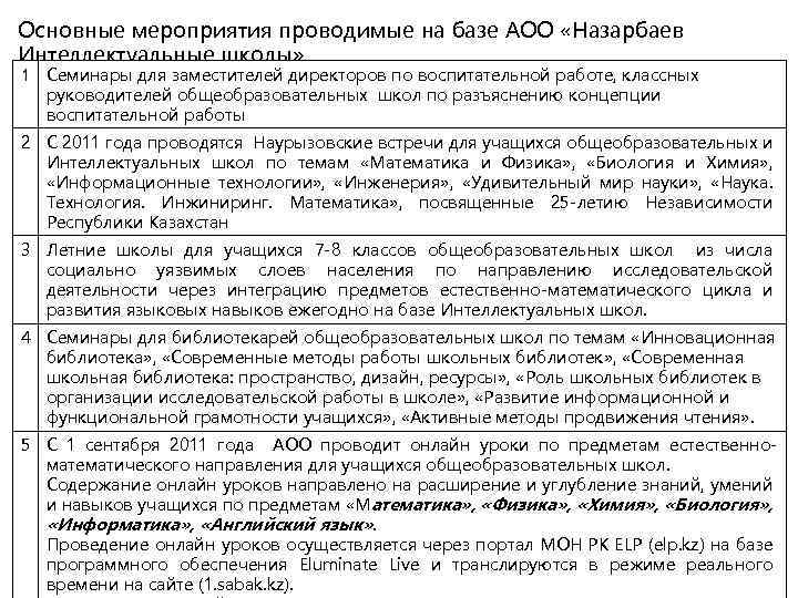 Основные мероприятия проводимые на базе АОО «Назарбаев Интеллектуальные школы» 1 Семинары для заместителей директоров