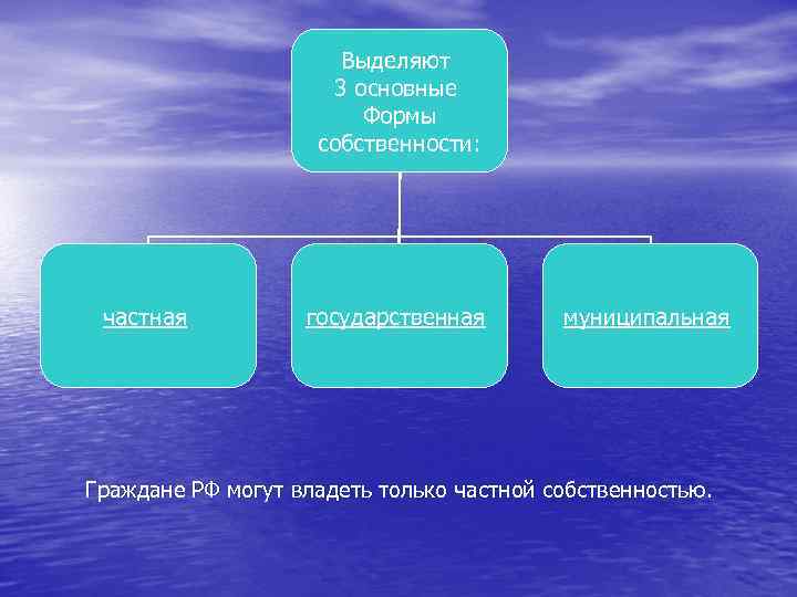 Выделяют 3 основные Формы собственности: частная государственная муниципальная Граждане РФ могут владеть только частной